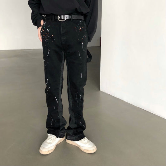 2023New Graffiti Ink Splash Damage Dept Casual Retro Niche vibo High Street Men's and Women's Flared Jeans