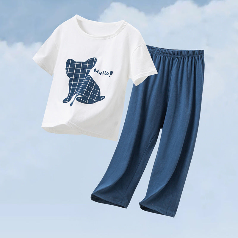 Parent-Child Cotton Homewear Summer Style Children's Short Sleeve Long Pants Set Cartoon Air Conditioning Clothing Sweat-Absorbing Printed Pajamas Couple Outfit