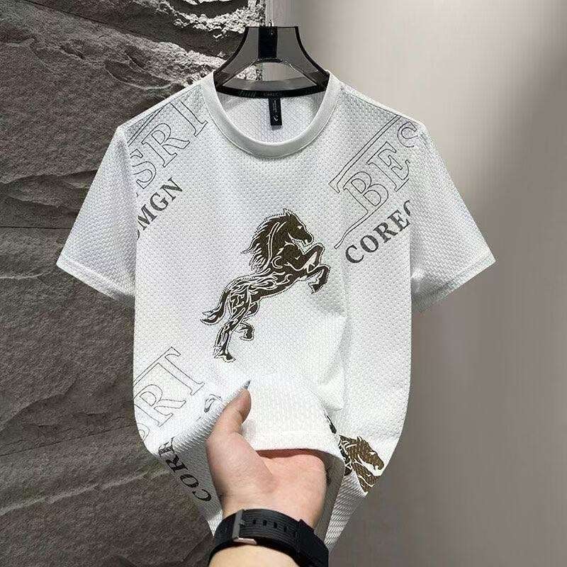 Foreign Trade Ice Silk Short Sleeve t Men's Summer Trendy Brand Short Sleeve T-Shirt2025New casual quick-dry men's top