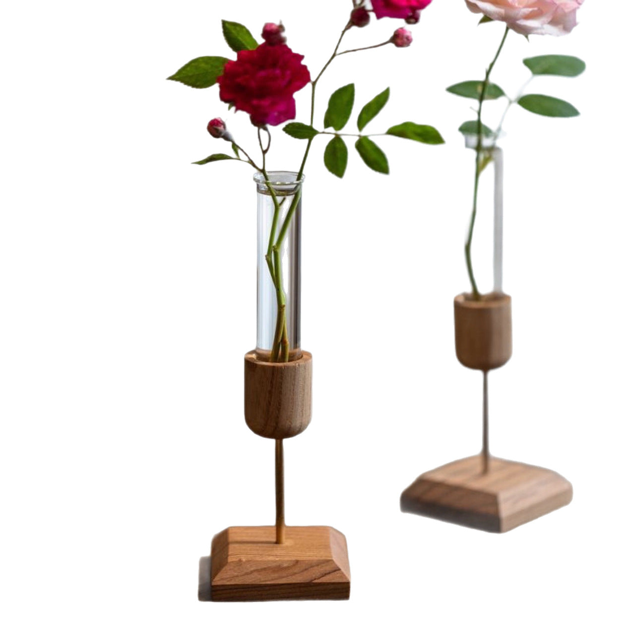 Creative Home Desktop Ornament Wooden Vase Test Tube Transparent Glass Hydroponic Plant Flower Arranger Simple Country Style