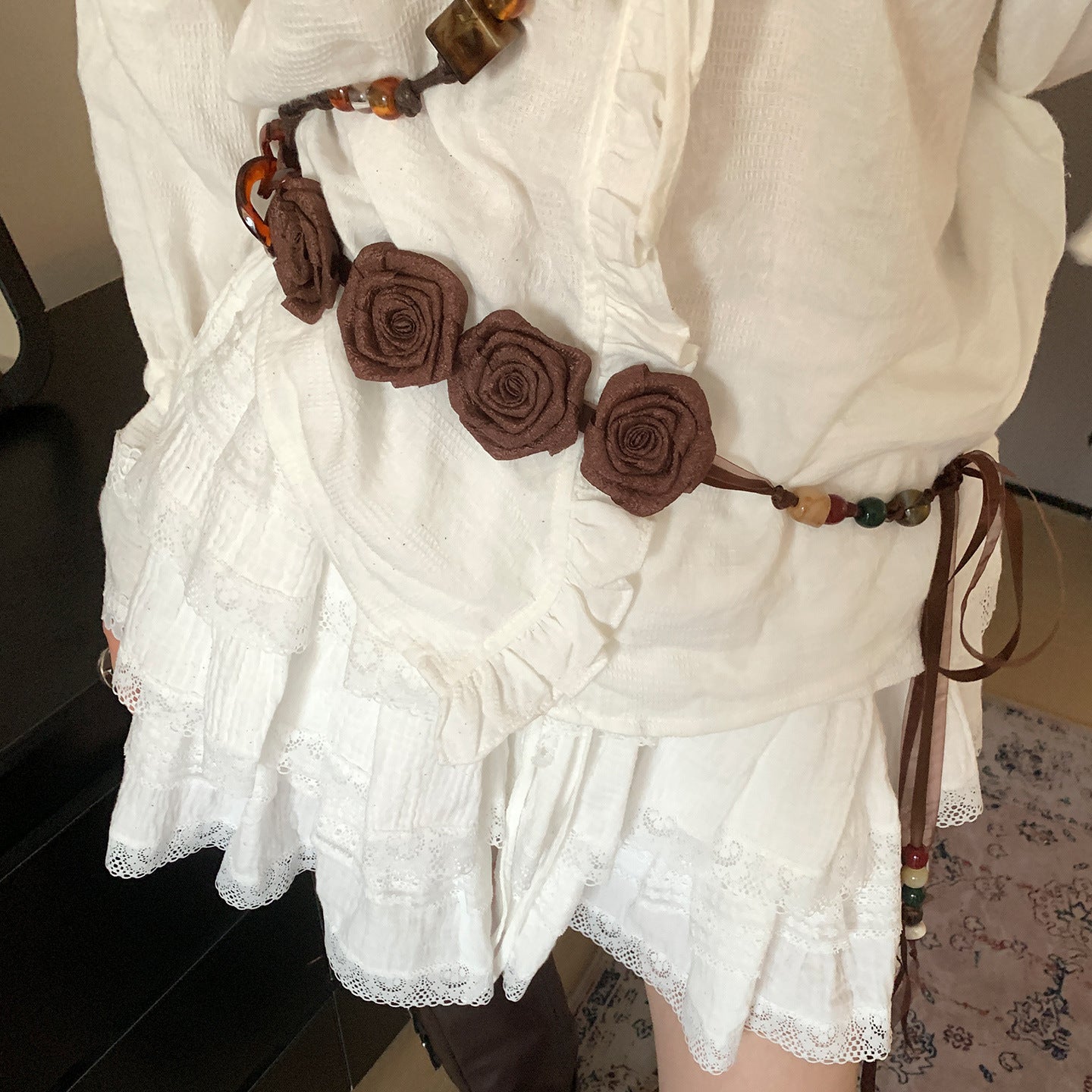 Vintage Western Style Brown Studded Belt for Women, Niche Design Flower Waist Rope for Dresses and Jeans, Waist Cincher Accessory