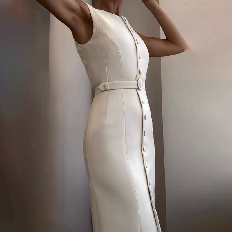 2025Summer New European and American Amazon Cross-Border Women's Solid Color Round Neck Sleeveless Single-Breasted Multi-Button Elegant Dress