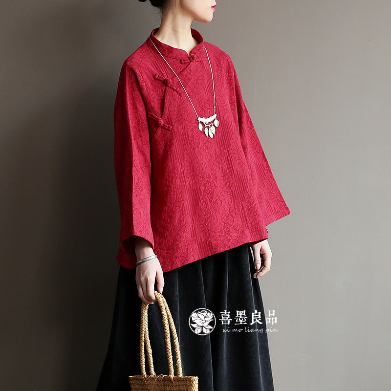8813Xi Mo Women's Clothing Republic of China Retro Artistic Spring and Autumn New Double Layer Jacquard Button Shirt Chinese Style Short Top