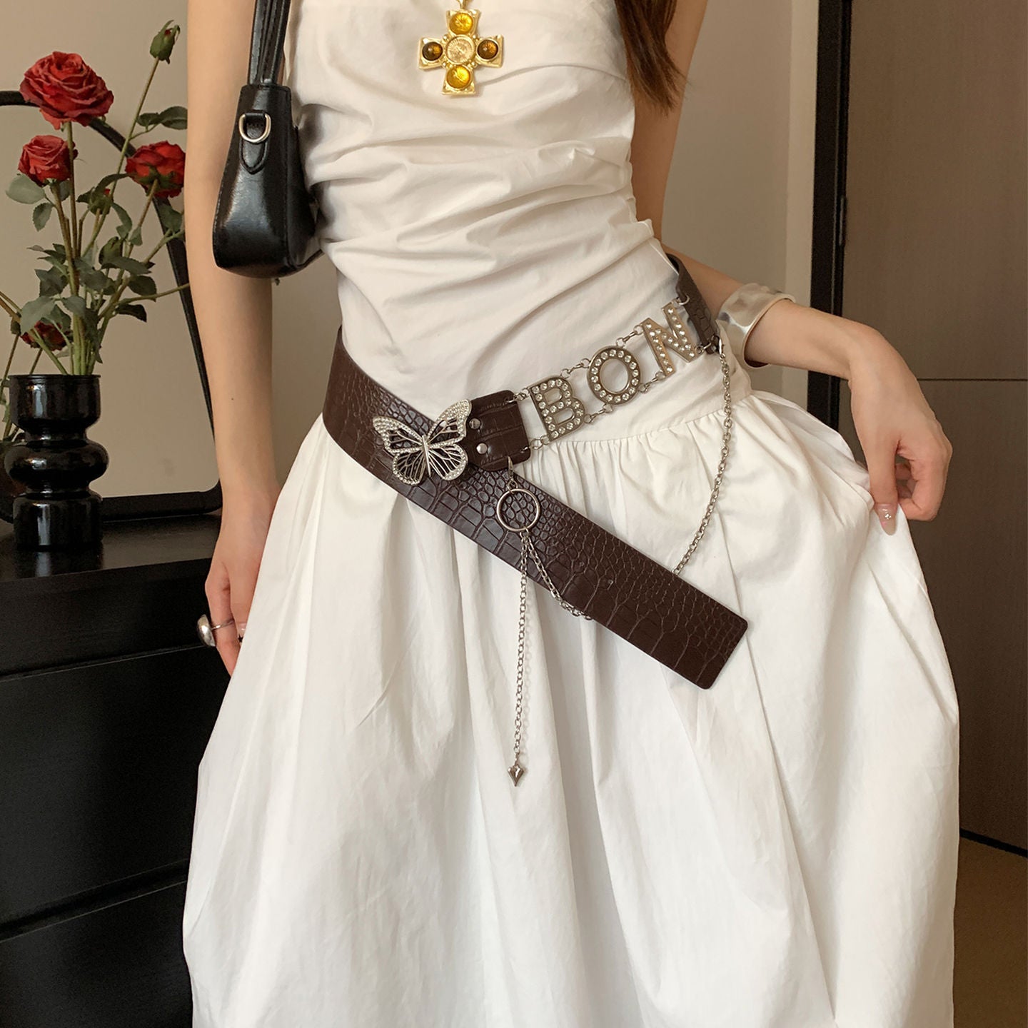 Vintage Western Style Brown Studded Belt for Women, Niche Design Flower Waist Rope for Dresses and Jeans, Waist Cincher Accessory