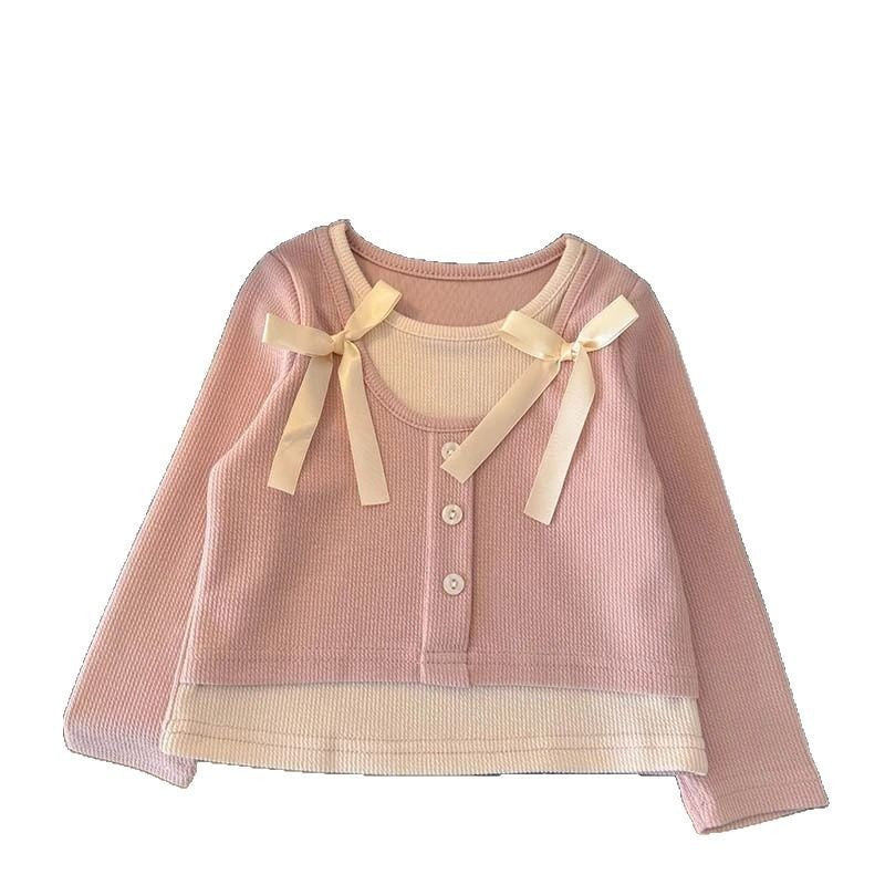 Sweet Little Girl's Sweet and Versatile Fake Two-Piece T Shirt Top25Spring New Korean Style Children's Fashionable Base Shirt