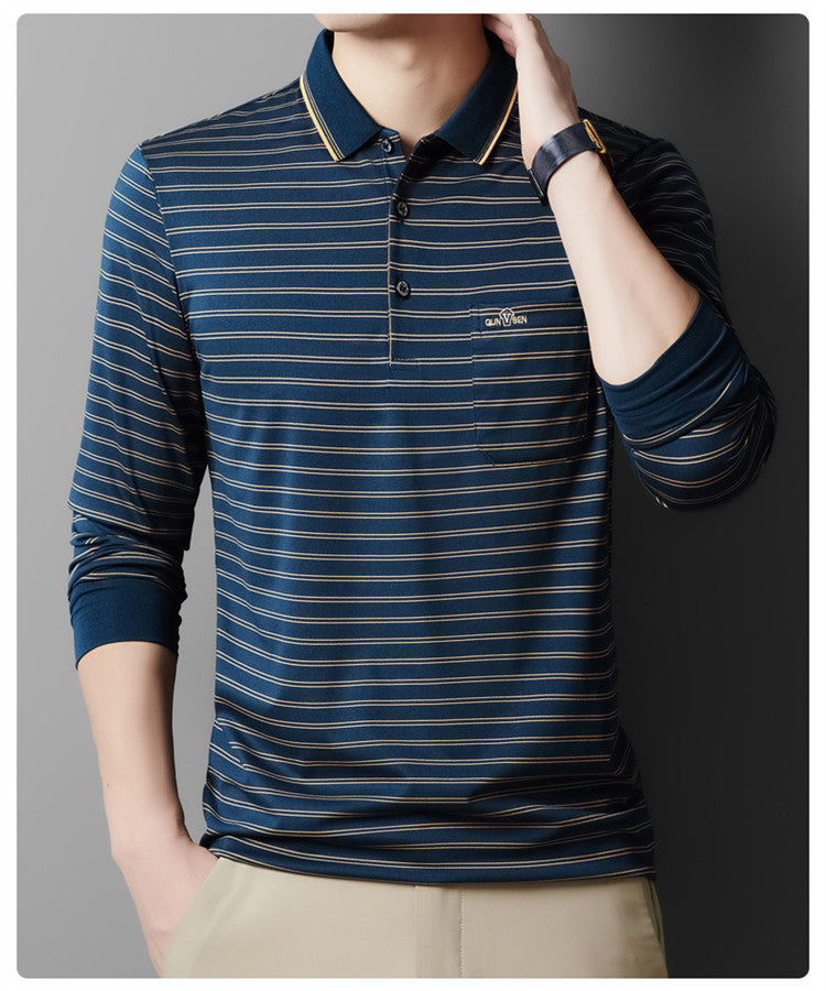 Autumn Men's Long Sleeve Cotton t Shirt for Middle-aged Dad Autumn Outfit with Turn-down Collar and Stripes POLO Base Layer Shirt T Grandpa's clothes