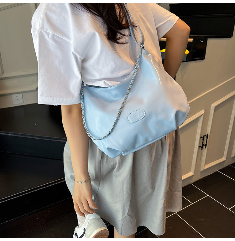 Summer Fashion Simple Casual Soft Surface Fresh Glossy Solid Color Large Capacity Commuter Shoulder Crossbody Bag2025New