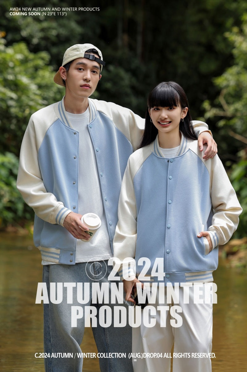 380g Trendy American Style Raglan Baseball Jacket Custom Spring Autumn Unisex Color Block Cardigan Workwear with Printing logo