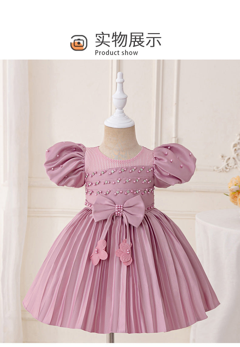 Birthday Party Evening Dress Puff Sleeve Girl Princess Dress Baby Pearl