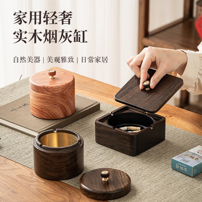 Walnut Ashtray for Home Living Room with Lid, Anti-Fly Ash, Stainless Steel Inner Liner, Creative Office Quality Ashtray