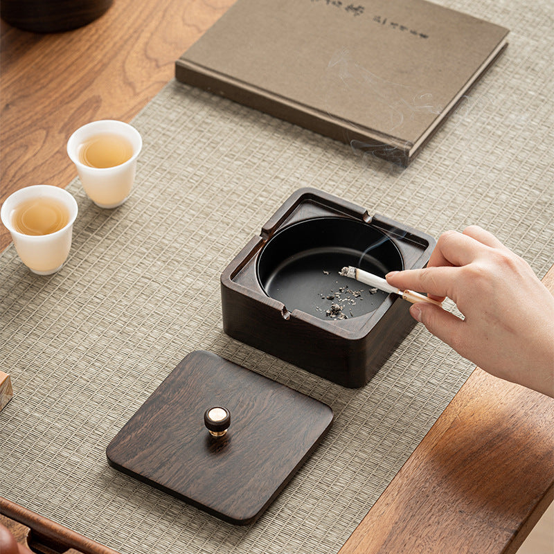 Walnut Ashtray for Home Living Room with Lid, Anti-Fly Ash, Stainless Steel Inner Liner, Creative Office Quality Ashtray