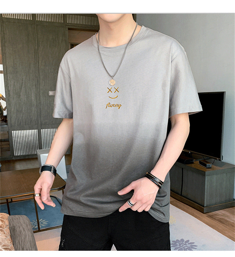 Leisure t Trendy Slim Fit T-Shirt Round Neck Gradient Print Short Sleeve Top T Men's Trendy Versatile Shirt ins Wind