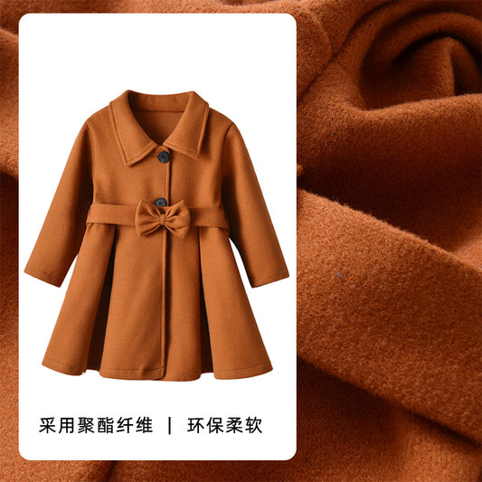 Cross-Border E-commerce Children's Coat Autumn Girls' Bow Thickened Korean Style Mid-Length Woolen Coat Manufacturer Wholesale