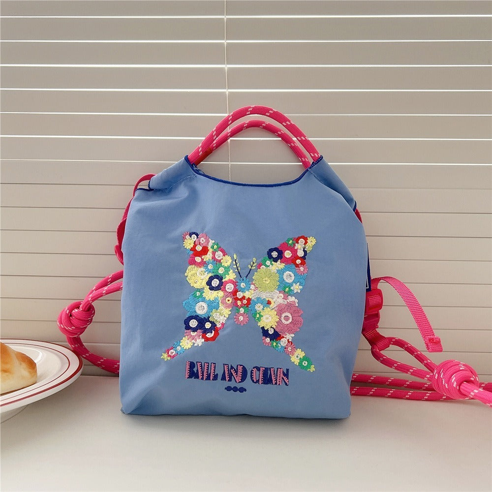 Japanese Style BallChain Same Style Eco-Friendly Embroidered Shopping Bag Nylon Fabric Floral Handheld Niche Fashion Shopping Bag