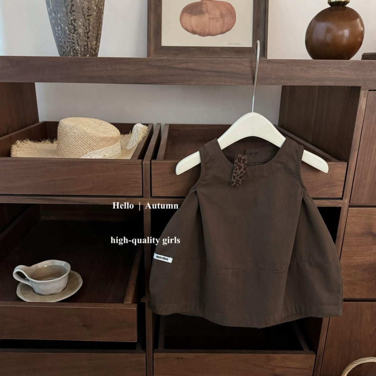 Sweet Little Girl Autumn Outfit Set Autumn Korean Style Flower Bud Vest Dress Ribbed Base Shirt Stylish Two-Piece Set