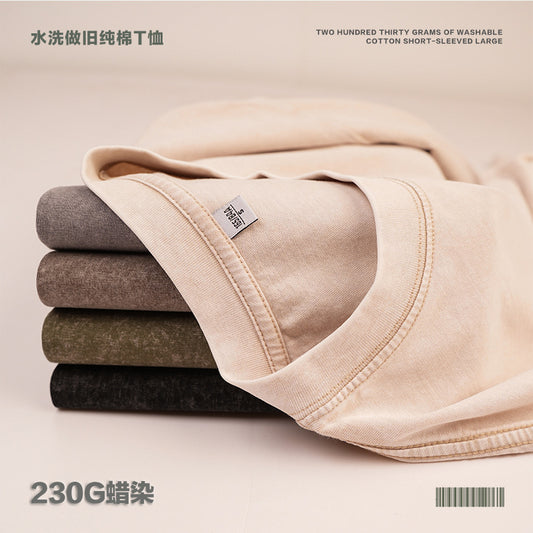 230g Vintage Snowflake Washed T Shirt European and American Cross-Border Pure Cotton t Loose Fit Base Layer Round Neck Pullover Heavyweight t Men's T-shirt