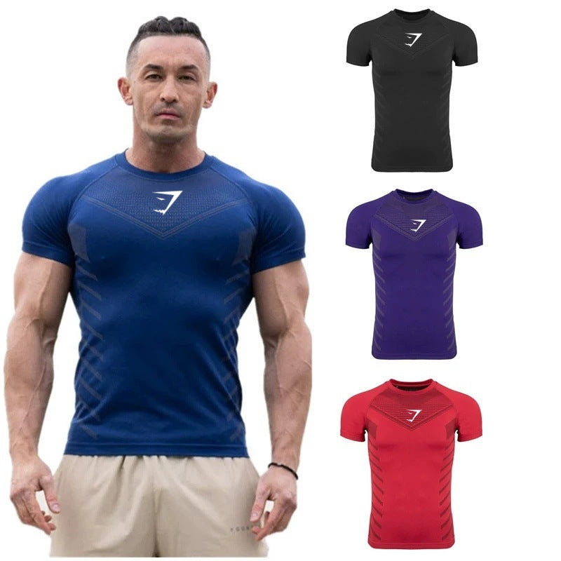 Foreign Trade Hot-Selling Cross-Border Men's Sports Running Fitness Quick-Dry Short Sleeve Tights3D 3D Printing GYMSHARK