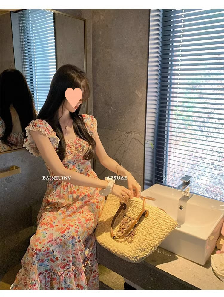 Floral Square Neck Slim Fit Women's Dress for Beach Vacation Casual Long Dress