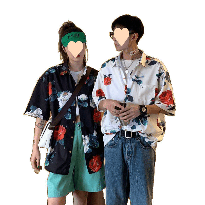 Summer Short Sleeve Floral Shirt for Men and Women Hawaiian Retro Hong Kong Style Loose Ice Silk Shirt Couple Outfit