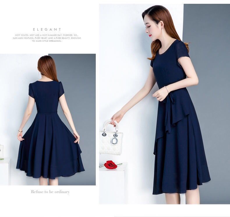 Summer New Fashionable Slimming Age-Reducing Skirt Elegant Mid-Length Style a Round Neck Plus Size Loose Women's Dress