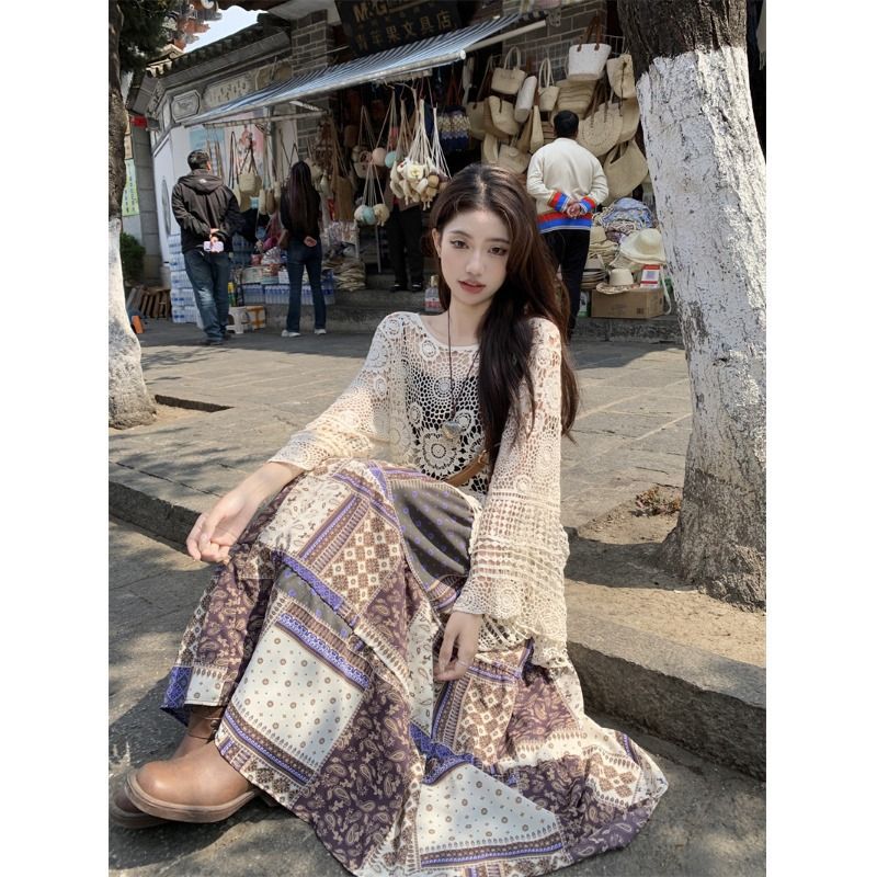 Bohemian Vacation Style Set Dress for Women Summer Hollow Out Sun Protection Knitted Cover-Up Printed Skirt Two-Piece Set