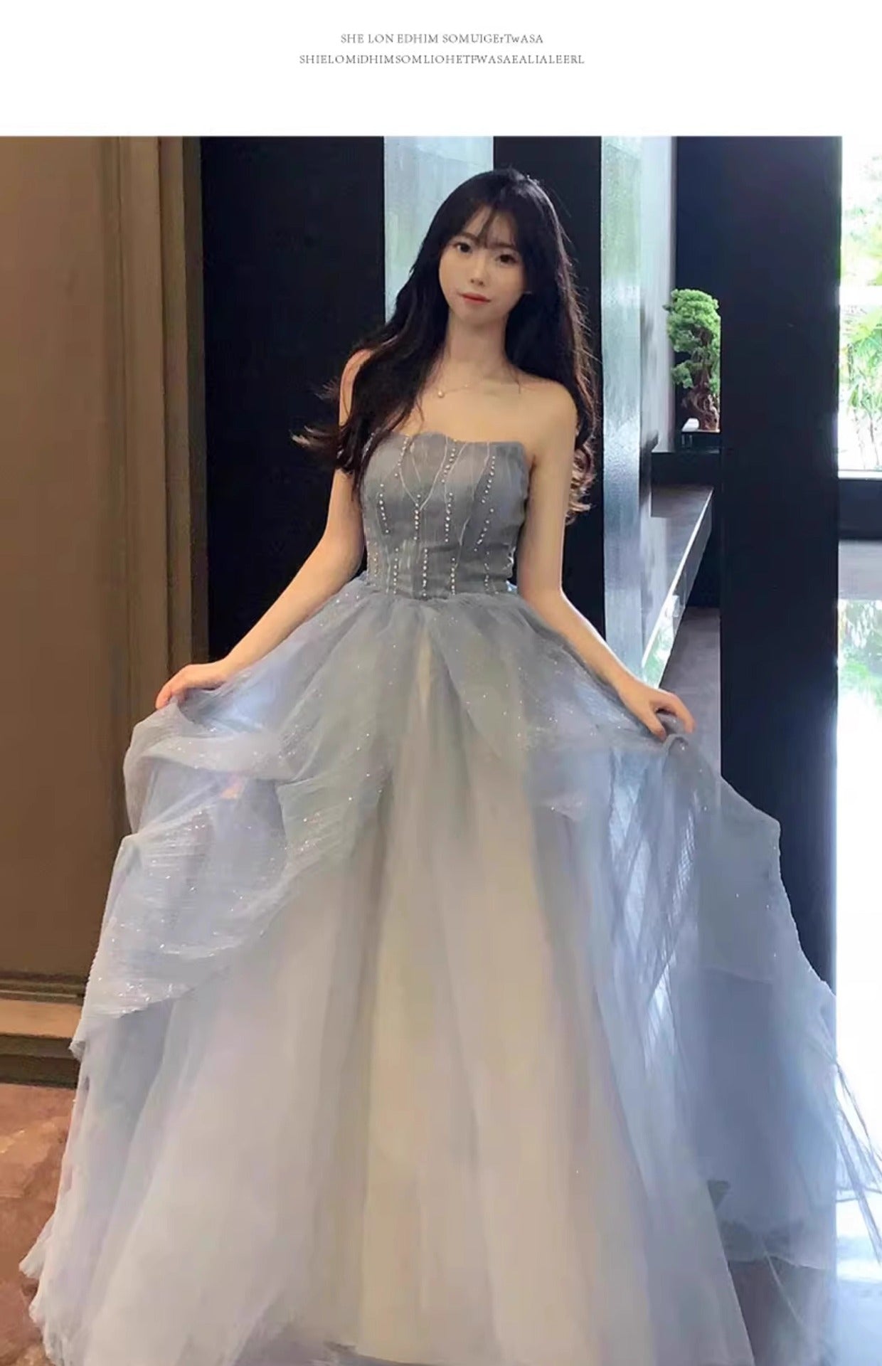 Blue Strapless Dress Puff Skirt Runaway Princess Fairy Dress Light Luxury High-end Evening Dress Host Slim Fit Elegant