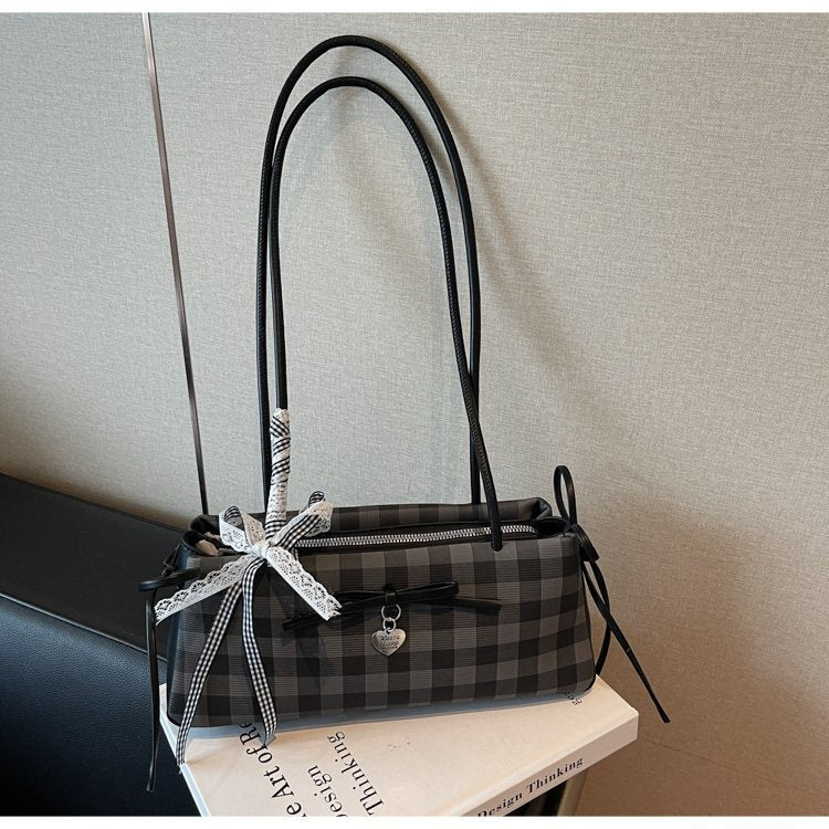 Dopamine Plaid Handbag Small Tote Bag for Women Summer2025New Ballet Style Bow Baguette Bag Underarm Bag Trendy