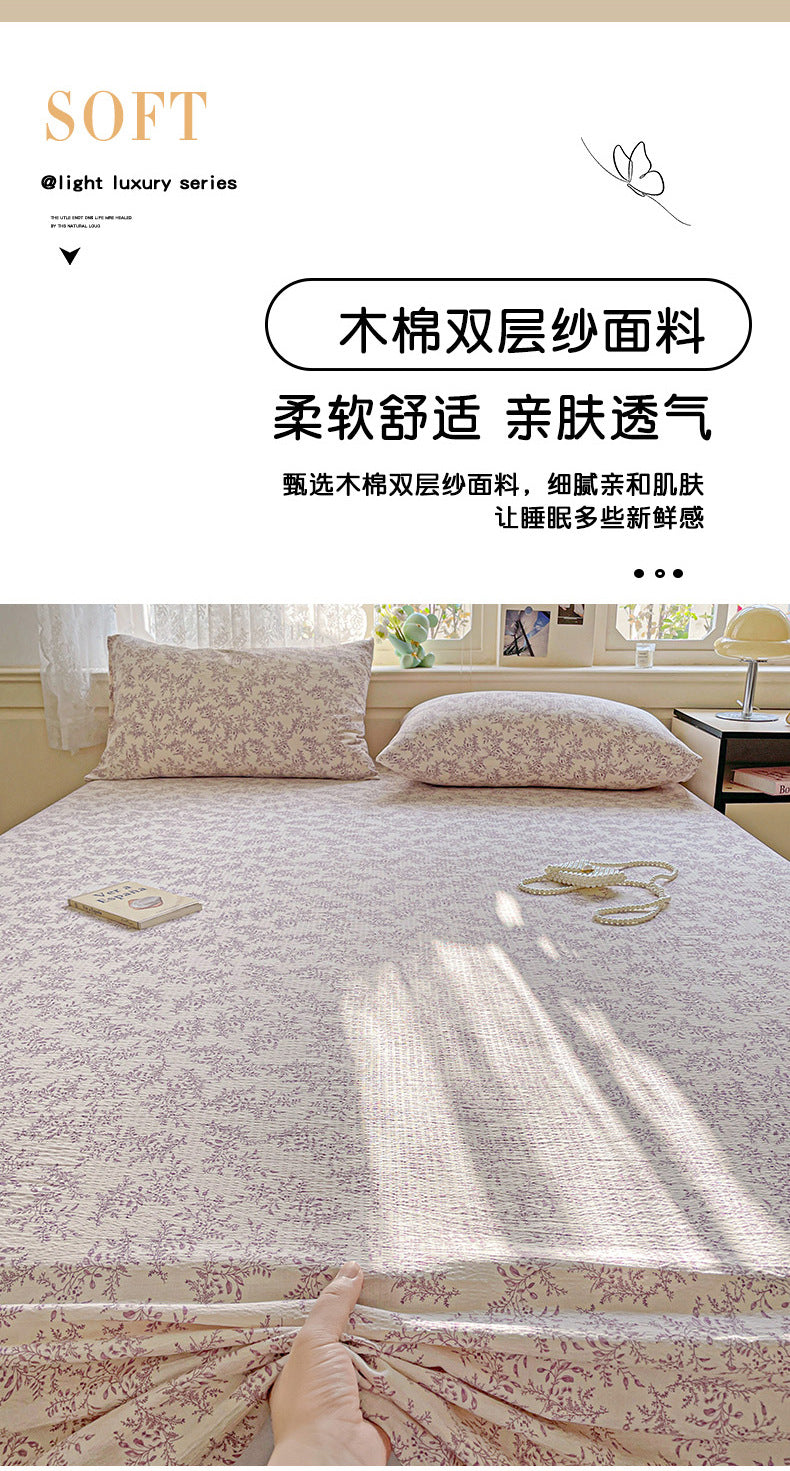 a Double-layer Gauze Bed Sheet Single Piece Fresh Style A Summer-style Naked Sleep Pillowcase Single Double Student Dormitory Three-piece Set