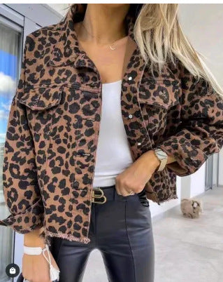 2024Amazon European and American Cross-Border Hot Trendy Washed Vintage Leopard Print Frayed Denim Jacket for Women
