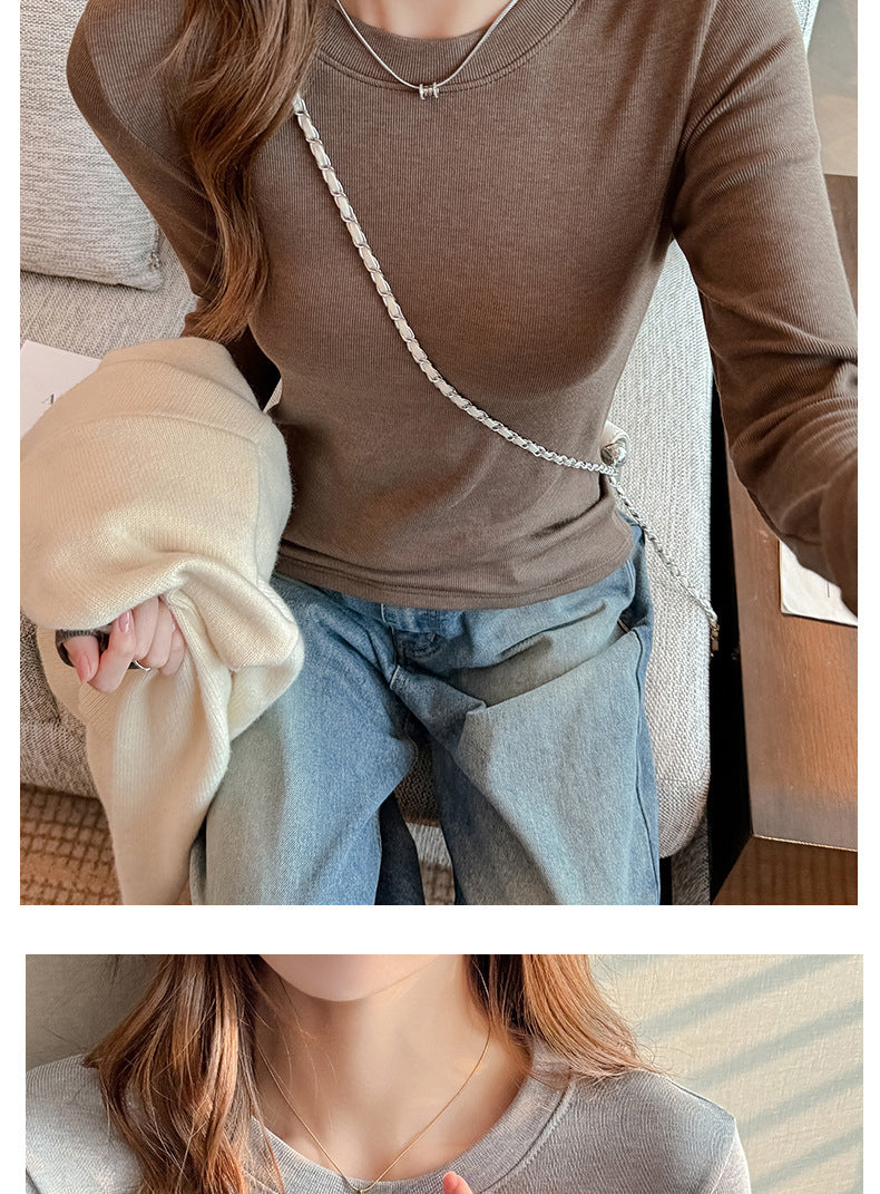 2025Early Autumn Top Outer Wear Round Neck Inner Wear Women's Fashionable White Long Sleeve t Women's Modal Base Shirt