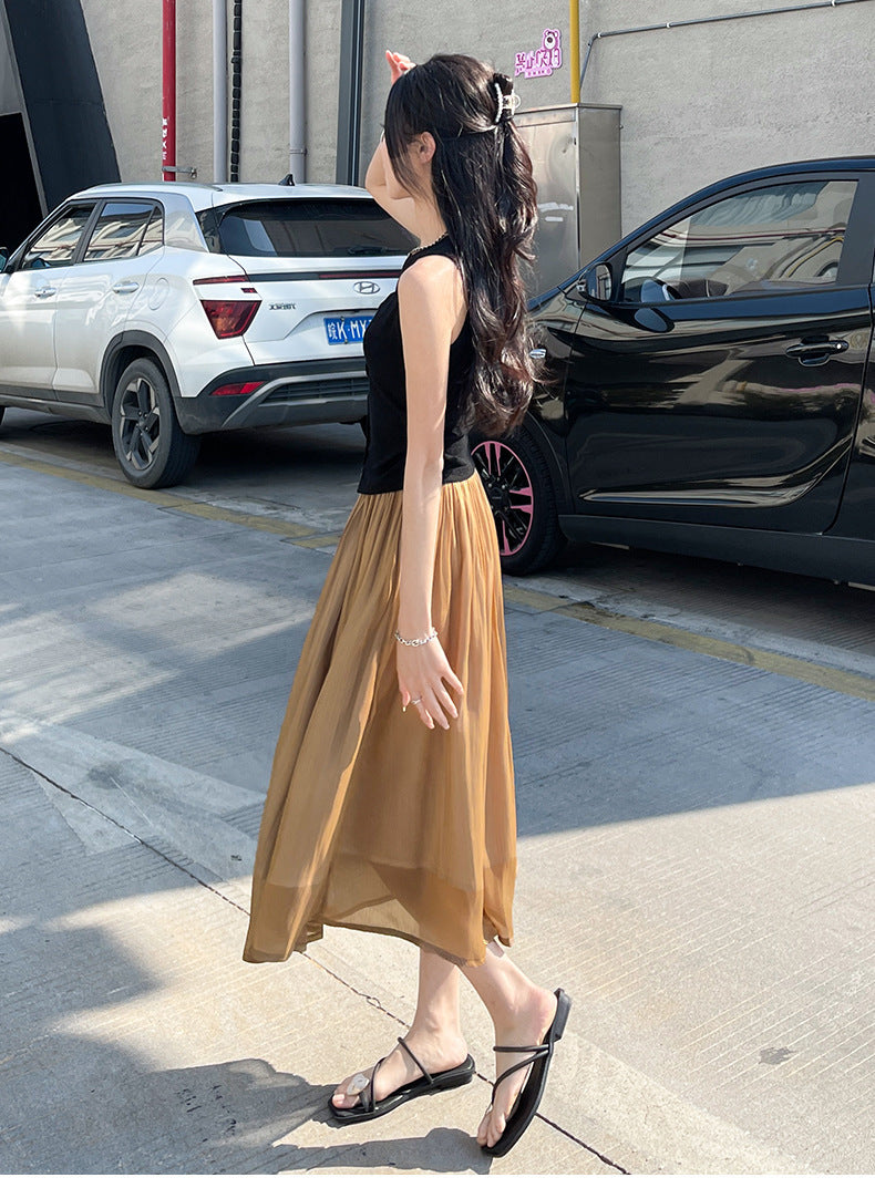 High-end Flowing Sheer Skirt for Women in Summer2025New Style Glassy Sheer Large Hem Mid-Length Draped a Women's pleated skirt