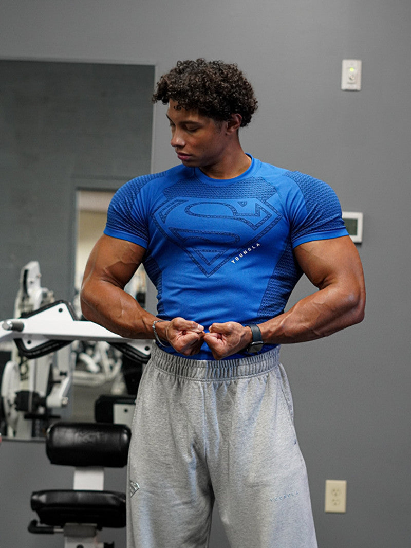 YOUNGLA New American-style Muscle Fitness Men's Sports Short Sleeve Casual Running Quick-dry Breathable Tight-fitting Shirt t T-shirt