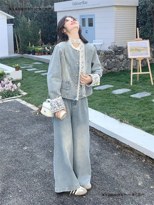 Lace patchwork denim wide-leg pants set for women spring and autumn2025The new two-piece set is absolutely stunning and super trendy