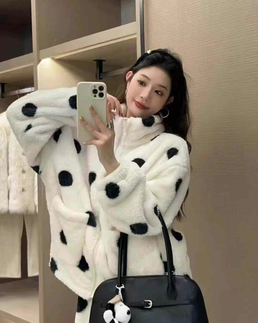 Cute Polka Dot Couple Homewear Autumn Winter Coral Fleece Thickened Zipper High Neck Homewear Set Suitable for Outerwear
