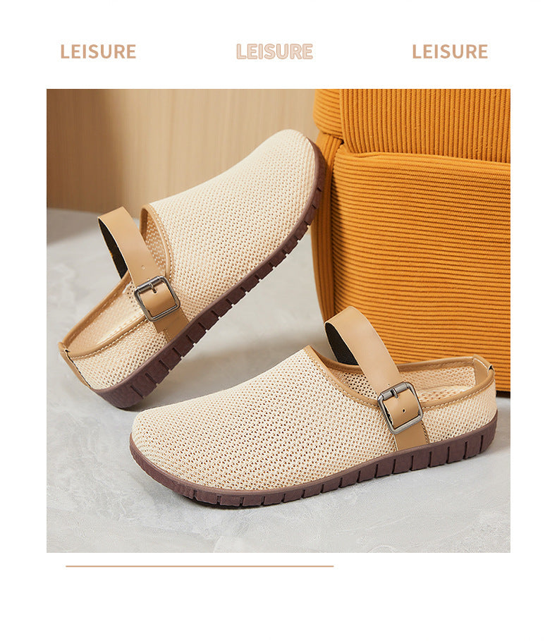 Shoes Women's Casual New Style Versatile Soft Sole Sandals insF French Style Women's Outdoor Slippers Flyknit Mesh Closed Toe Half Slipper