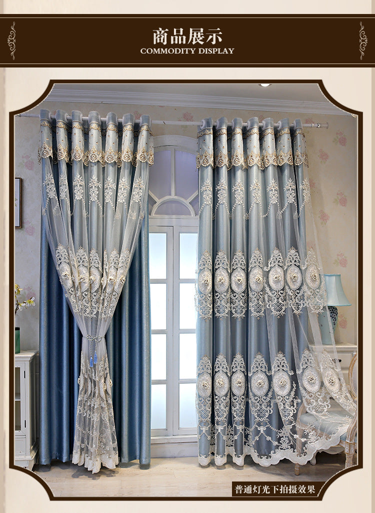European Style High-End Simple Modern Fabric Sheer Integrated Blackout Double Layer Embossed Embroidered Curtains for Living Room Bedroom Balcony