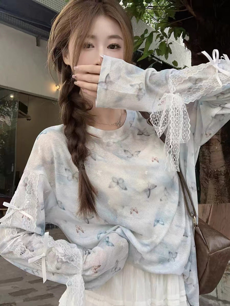Dopamine Star Sun Protection Long Sleeve Knit Top Autumn2024New Loose Bowknot Design Niche Top