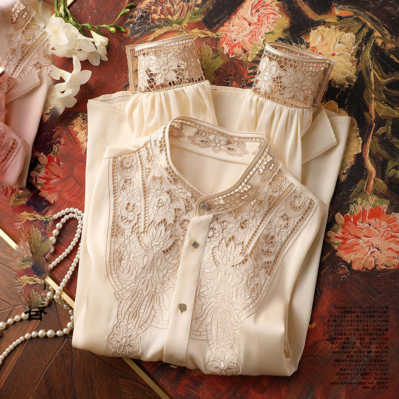 D Luxurious and Elegant Style~Silk Hollow Embroidery Silk Shirt for Women Long Sleeve Fashion Cardigan Summer Top