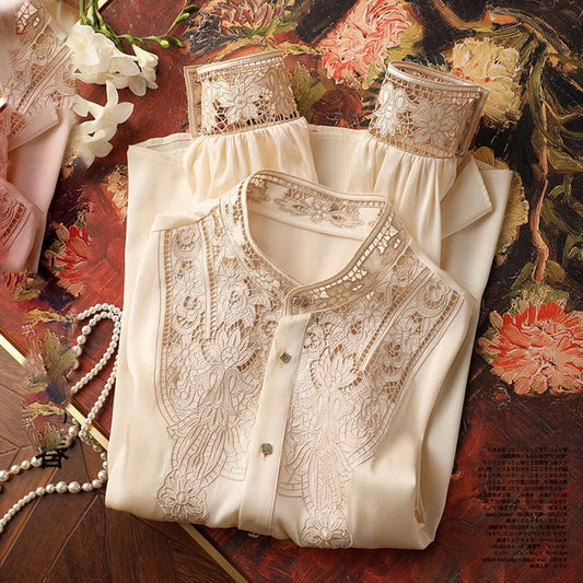 D Luxurious and Elegant Style~Silk Hollow Embroidery Silk Shirt for Women Long Sleeve Fashion Cardigan Summer Top