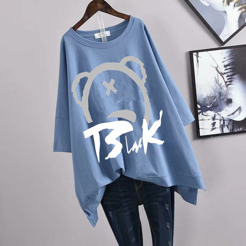 200Plus Size Women's Summer Leaf Print Casual Split Mid-Length Short Sleeve Dress T Women's Loose Fit Plus Size Shirt