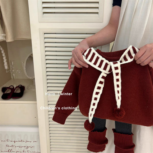 【Sweet Little Chef】New Year Red Sweater2025Autumn Winter Layered Shawl Knitted Sweater Top Girls' Set Trendy