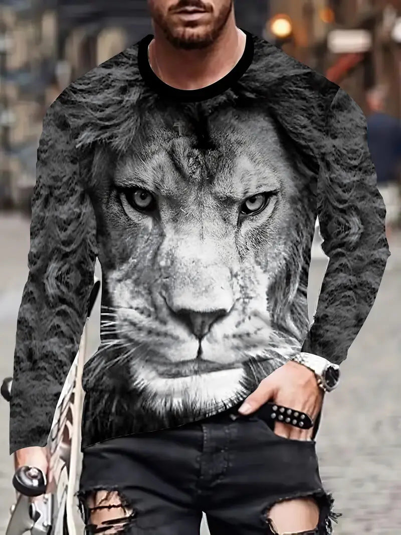 European and American Cross-Border Amazon Foreign Trade Men's Animal Fashion3D Digital Printing Casual Round Neck Long Sleeves T T-Shirt Wholesale