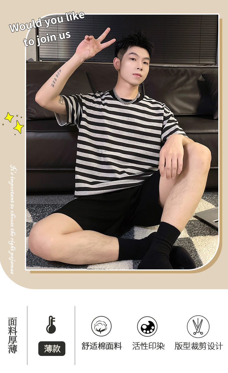 Couple Summer New Pajamas Women's Short Sleeve Imitation Cotton Nightdress Korean Style Wearable Men's Homewear Striped Set