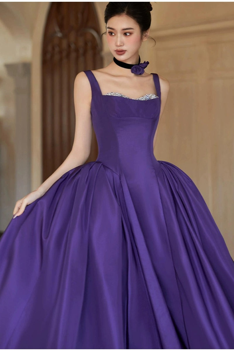 Purple suspender elegant evening dress for birthday party and coming-of-age ceremony2025New Sleeveless Long Dress Satin Elegant Gown