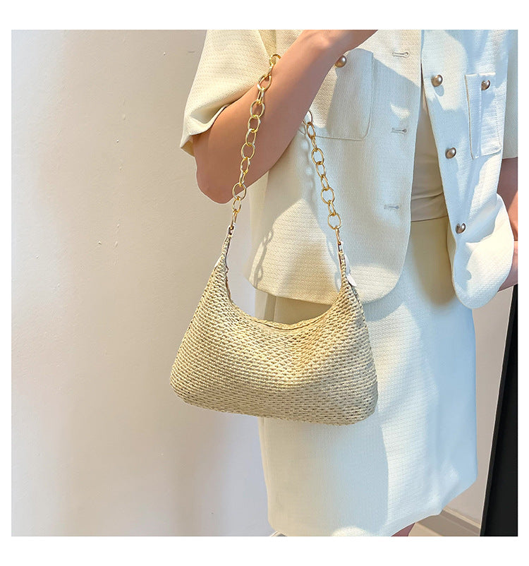South Korea ins Vintage Woven Tote Bag Straw Bag Large Capacity Underarm Bag Shoulder Bag Vacation Style Beach Bag for Women