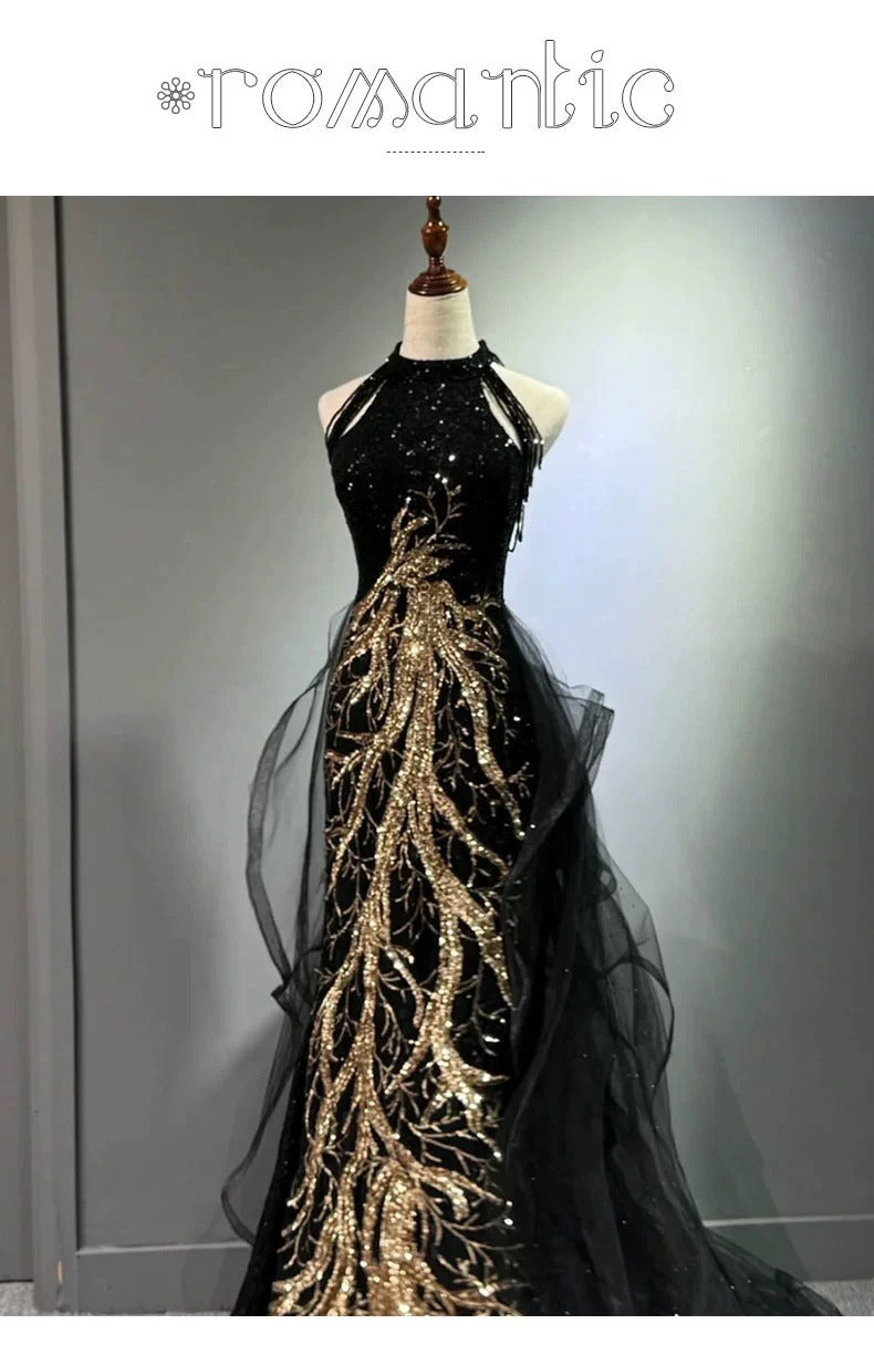New Evening Dress Black High-End Slim Fit Elegant Socialite Host Halter Neck Mermaid Dress Wedding Toast Dress