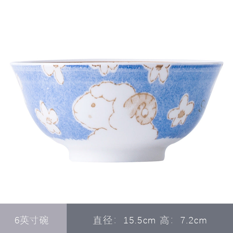 卡通圆形12生肖碗釉下彩陶瓷碗米饭碗面汤碗景德镇日式餐具萌碗