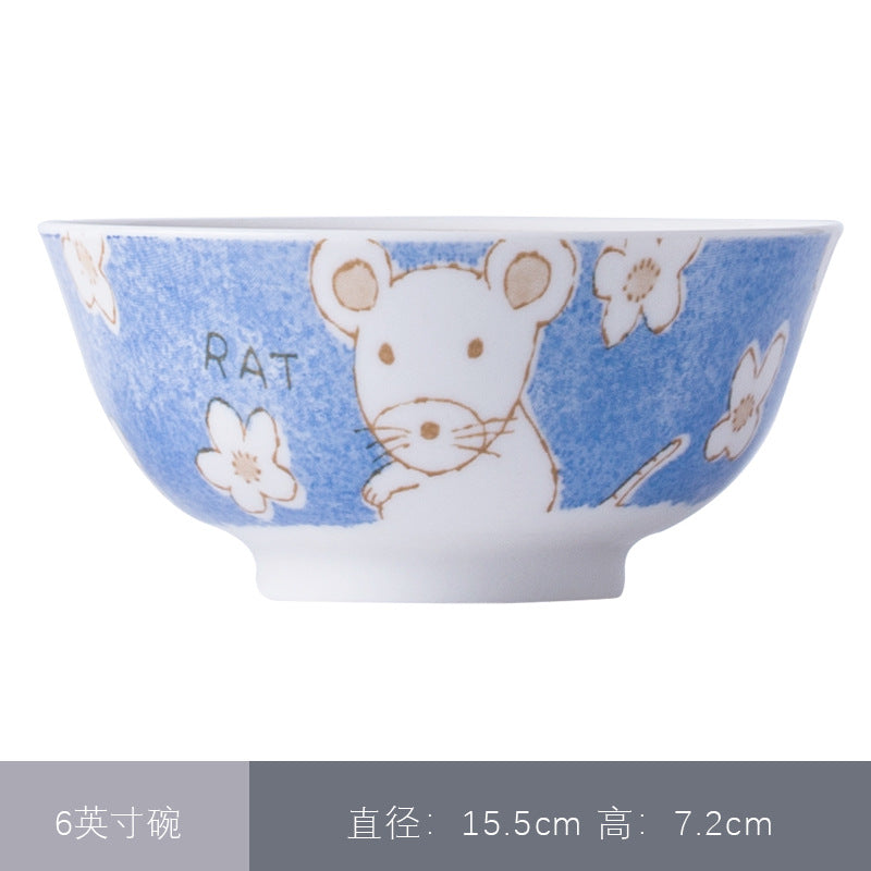 卡通圆形12生肖碗釉下彩陶瓷碗米饭碗面汤碗景德镇日式餐具萌碗