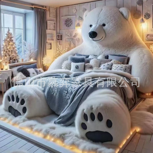 Internet Celebrity Creative Large Two-Dimensional Animal Polar Bear Monster Bed Genuine Leather Fabric Plush Light Luxury Minimalist Cream Bed