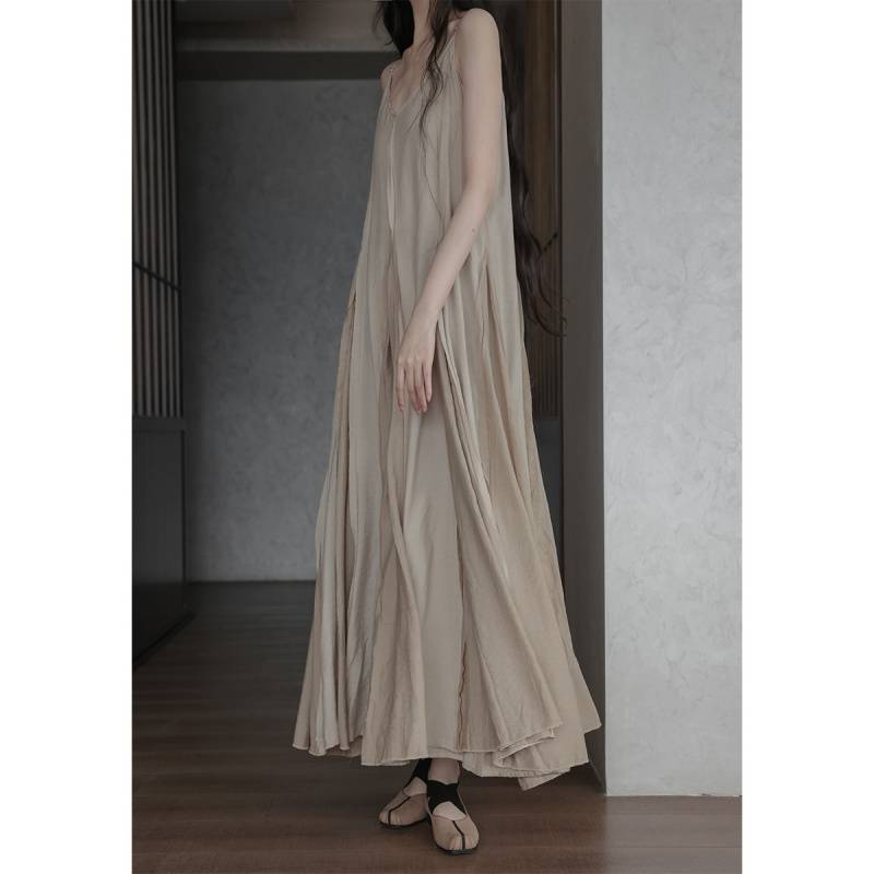 2025Spring New Heavy Craft Large Hem Strap Dress New Chinese Style Retro National Style Artistic Patchwork Long Dress